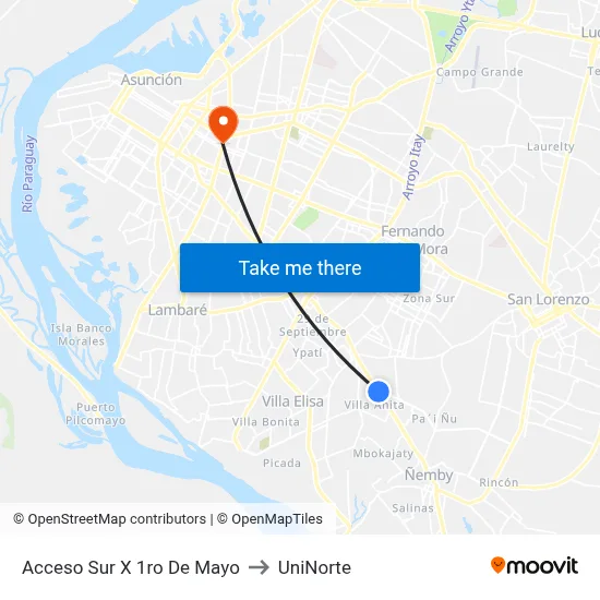 Acceso Sur X 1ro De Mayo to UniNorte map