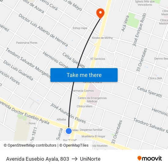 Avenida Eusebio Ayala, 803 to UniNorte map