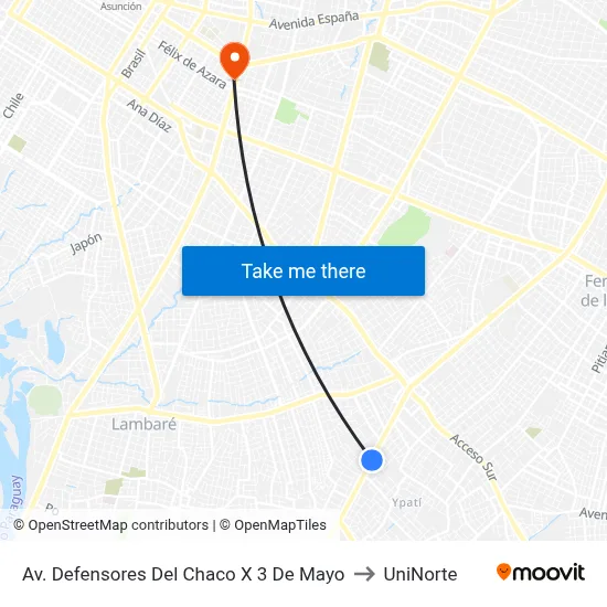 Av. Defensores Del Chaco X 3 De Mayo to UniNorte map
