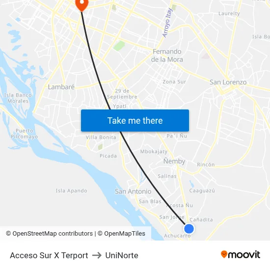Acceso Sur X Terport to UniNorte map