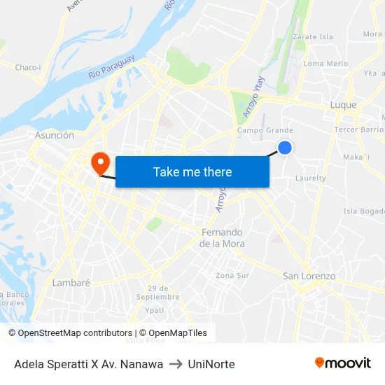 Adela Speratti X Av. Nanawa to UniNorte map