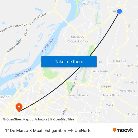 1° De Marzo X Mcal. Estigarribia to UniNorte map