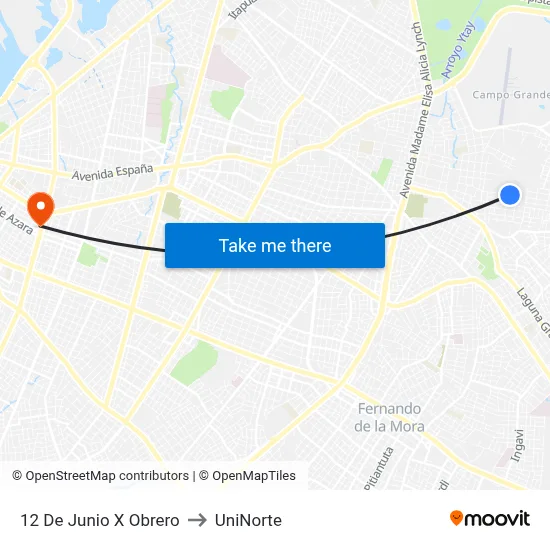 12 De Junio X Obrero to UniNorte map