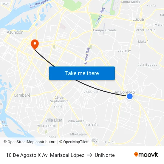 10 De Agosto X Av. Mariscal López to UniNorte map