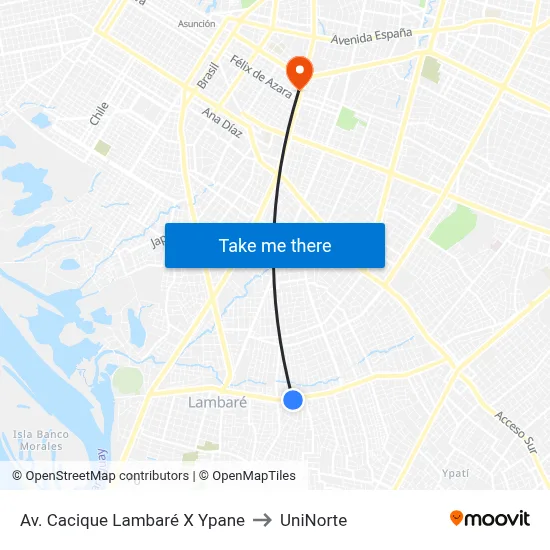Av. Cacique Lambaré X Ypane to UniNorte map