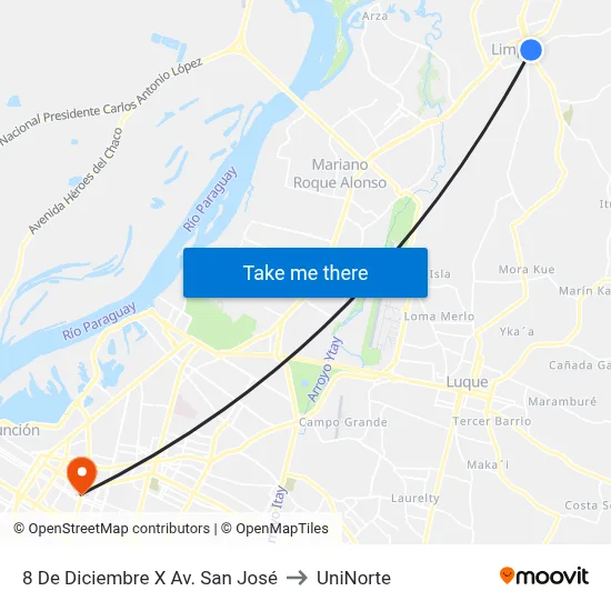 8 De Diciembre X Av. San José to UniNorte map