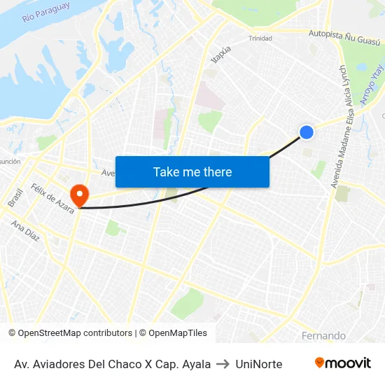 Av. Aviadores Del Chaco X Cap. Ayala to UniNorte map