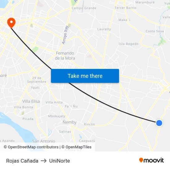 Rojas Cañada to UniNorte map
