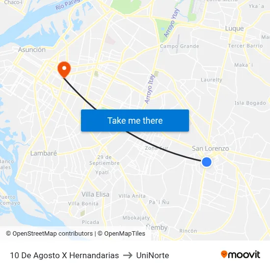 10 De Agosto X Hernandarias to UniNorte map
