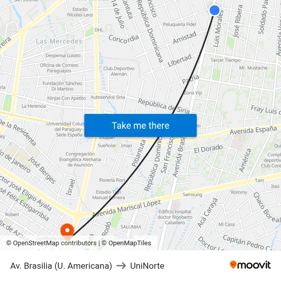 Av. Brasilia (U. Americana) to UniNorte map