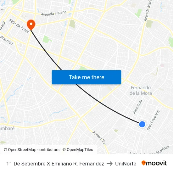 11 De Setiembre X Emiliano R. Fernandez to UniNorte map