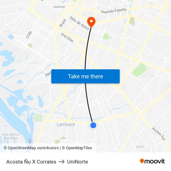 Acosta Ñu X Corrales to UniNorte map