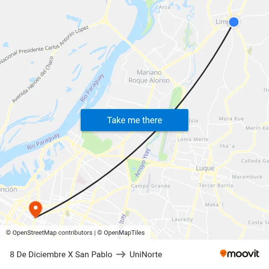 8 De Diciembre X San Pablo to UniNorte map