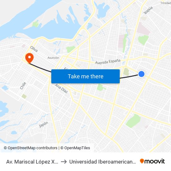 Av. Mariscal López X Bulnes to Universidad Iberoamericana - UNIBE map