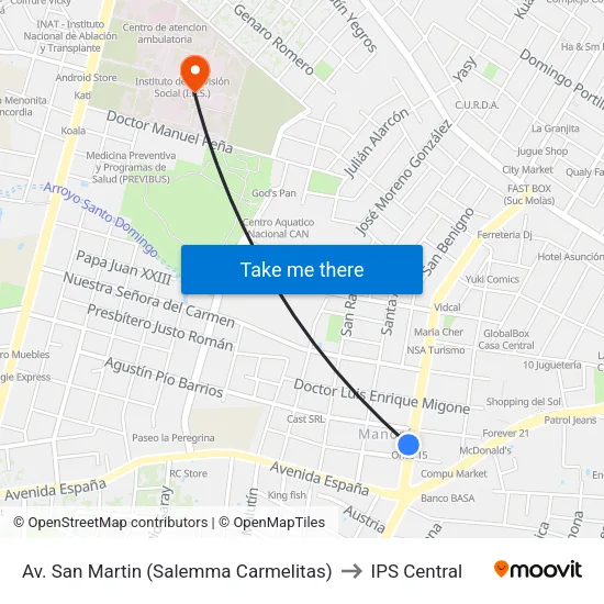 Av. San Martin (Salemma Carmelitas) to IPS Central map
