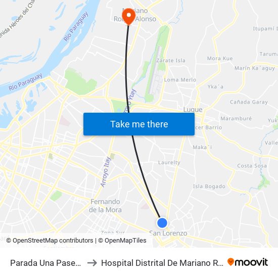 Parada Una Paseo Amelia to Hospital Distrital De Mariano Roque Alonso map