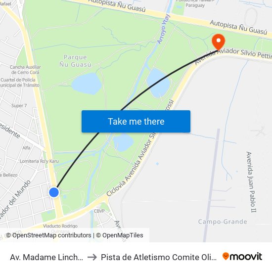 Av. Madame Linch X Piravano to Pista de Atletismo Comite Olimpico Paraguayo map