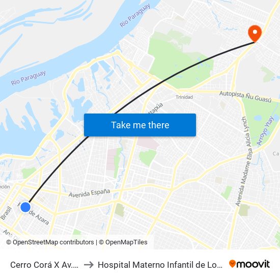 Cerro Corá X Av. Perú to Hospital Materno Infantil de Loma Pytâ map