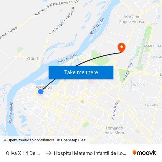 Oliva X 14 De Mayo to Hospital Materno Infantil de Loma Pytâ map