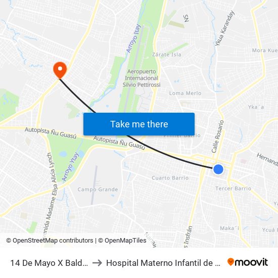 14 De Mayo X Balderrama to Hospital Materno Infantil de Loma Pytâ map