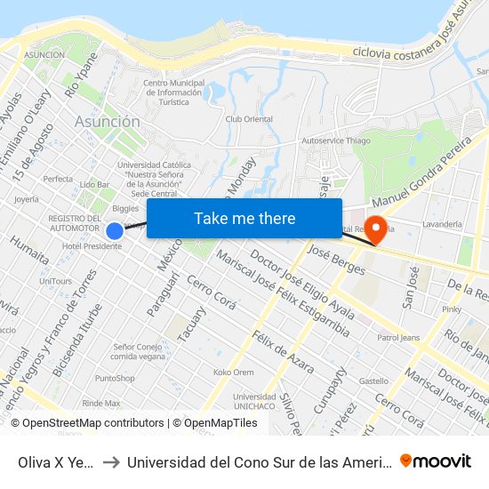 Oliva X Yegros to Universidad del Cono Sur de las Americas - UCSA map