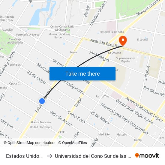 Estados Unidos X Azara to Universidad del Cono Sur de las Americas - UCSA map