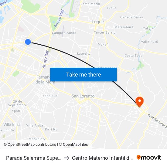 Parada Salemma Super Center to Centro Materno Infantil de Capiata map