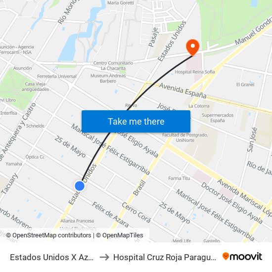 Estados Unidos X Azara to Hospital Cruz Roja Paraguaya map