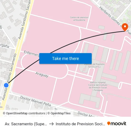 Av. Sacramento (Super Stock) to Instituto de Prevision Social (I.P.S.) map