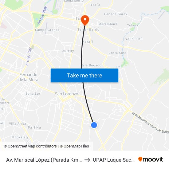 Av. Mariscal López (Parada Km. 17 (1/2)) to UPAP Luque Sucursal 2 map