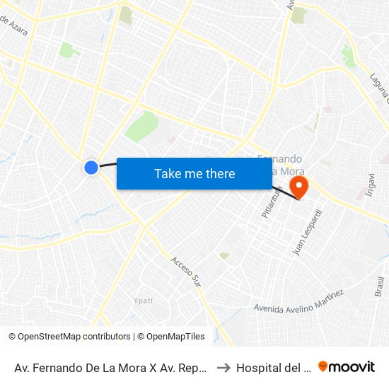 Av. Fernando De La Mora X Av. República Argentina to Hospital del Cancer map