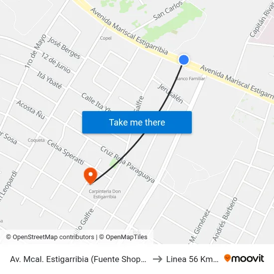 Av. Mcal. Estigarribia (Fuente Shopping) to Linea 56 Km 10 map