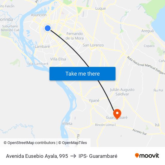 Avenida Eusebio Ayala, 995 to IPS- Guarambaré map