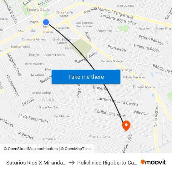 Saturios Ríos X Miranda Cueto to Policlinico Rigoberto Caballero map