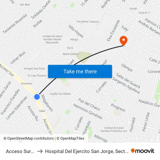 Acceso Sur X Israel to Hospital Del Ejercito San Jorge, Sector Terapia Intensiva map