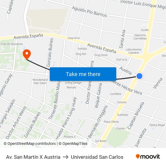 Av. San Martín X Austria to Universidad San Carlos map