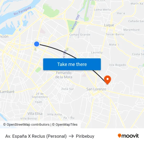 Av. España X Reclus (Personal) to Piribebuy map