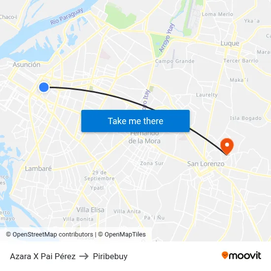 Azara X Pai Pérez to Piribebuy map