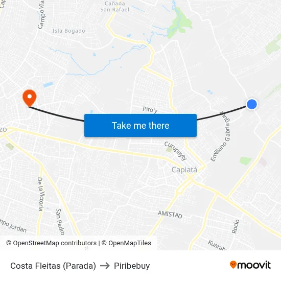 Costa Fleitas (Parada) to Piribebuy map