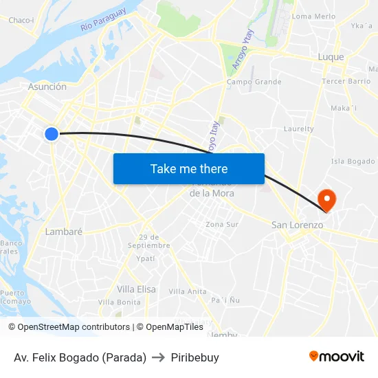Av. Felix Bogado (Parada) to Piribebuy map
