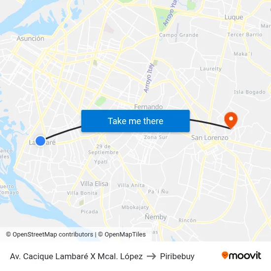Av. Cacique Lambaré X Mcal. López to Piribebuy map