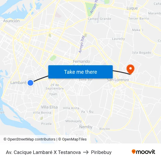 Av. Cacique Lambaré X Testanova to Piribebuy map
