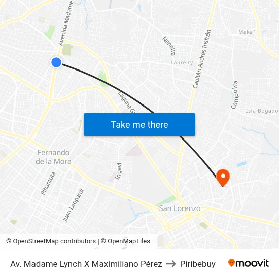 Av. Madame Lynch X Maximiliano Pérez to Piribebuy map