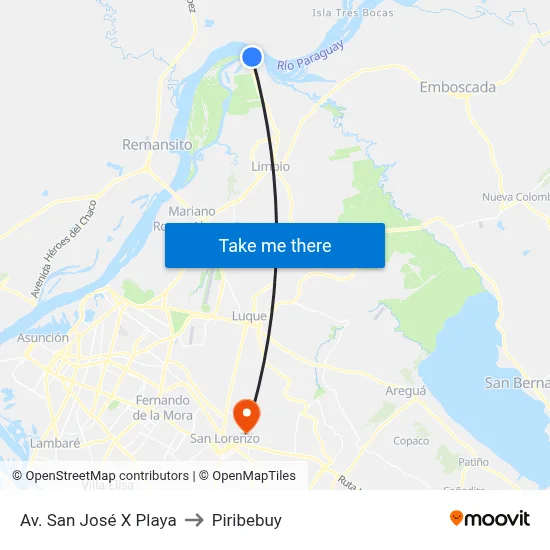 Av. San José  X Playa to Piribebuy map