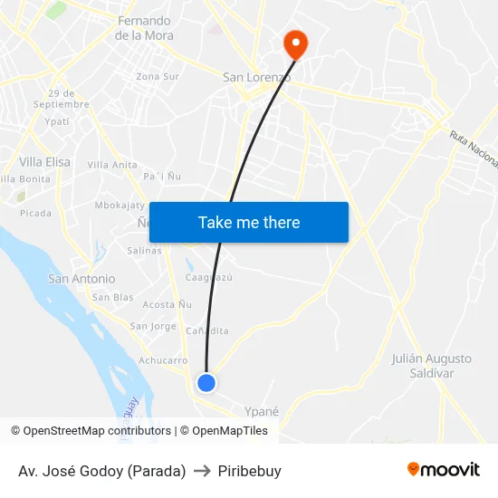Av. José Godoy (Parada) to Piribebuy map