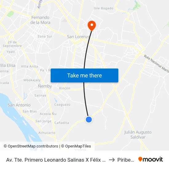 Av. Tte. Primero Leonardo Salinas X Félix Mendoza to Piribebuy map