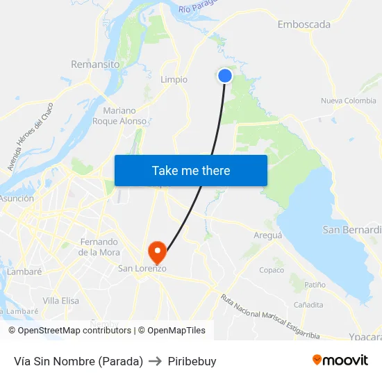 Vía Sin Nombre (Parada) to Piribebuy map