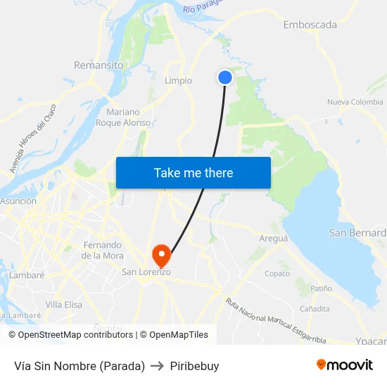 Vía Sin Nombre (Parada) to Piribebuy map