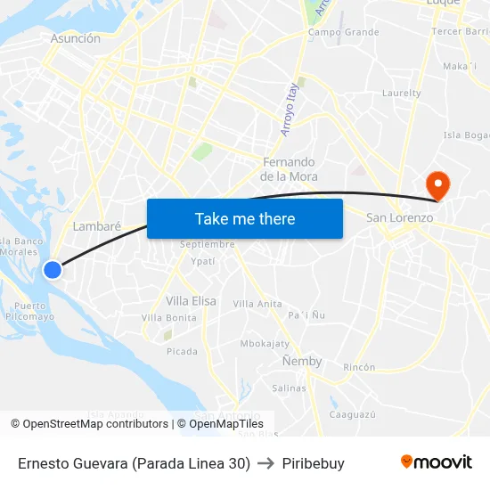Ernesto Guevara (Parada Linea 30) to Piribebuy map