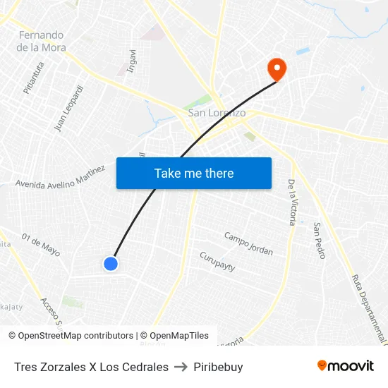 Tres Zorzales X Los Cedrales to Piribebuy map